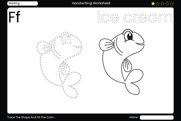  Letter F. Friendly Fish Coloring Page for Kids. Printable Vocabulary Builder. Educational Vector Worksheet