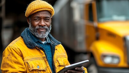 Man in yellow jacket holding tablet in front of truck