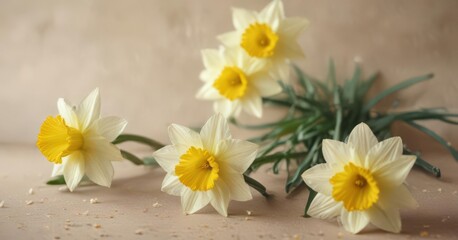 Obraz premium Delicate daffodils burst on textured paper Fresh spring scene, close-up , macro-photography, illustration, decoration