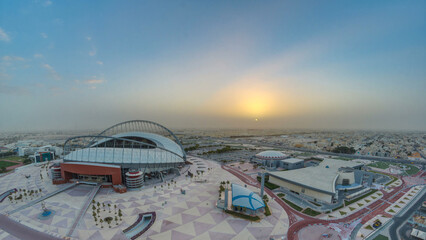 Aerial view of Aspire Zone stadium from at sunrise timelapse in Doha © HyperlapsePro