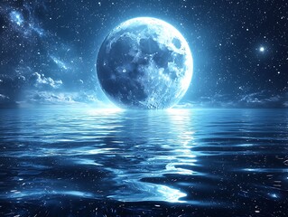 A full moon shines brightly over a calm sea, reflecting its light on the water