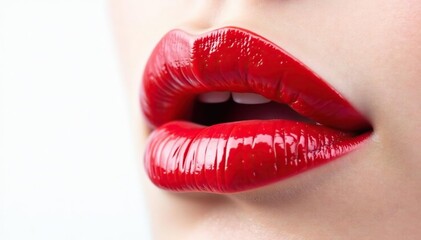 Close-up of luscious red lips against pure white backdrop, matte lipstick, beauty product
