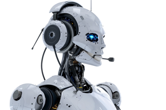 Robot assistant with a headset handling a phone call isolated on transparent background