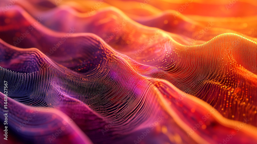 Poster Abstract image of red and orange textured waves, creating a dynamic and energetic visual, showcasing fluidity and movement, ideal for technology or design concepts