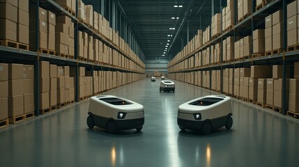 A photo of two small, futuristic robotic food delivery vehicles in an empty warehouse with rows and columns filled with boxes stacked on top of each other.