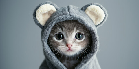 Adorable kitten with big eyes wearing a cozy hoodie with bear ears, looking directly at the camera against a soft grey background