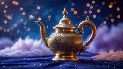 A detailed, elegant golden teapot sits on a velvet surface with a dreamy, star-filled background.