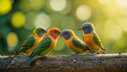 Fototapeta premium Four vibrant tropical birds perch closely on a log in a lush forest. Their bright plumage shines in the sunlight filtering through the trees, showcasing nature's beauty