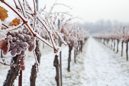 Frost covers vineyard grapevines in winter landscape with a serene view of snowy rows, Frost covered grapevines in vineyard during wintertime - Powered by Adobe