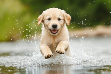 Golden Retriever puppy joyfully splashing through water in a sunny outdoor setting, Golden Retriever puppy running through water with a happy expression