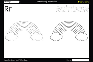 Trace Letter R. Radiant Rainbow Coloring Page for Kids. Printable Vocabulary Builder. Educational Vector Worksheet