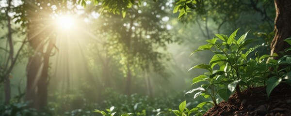 Naklejka premium Tender coffee plant sprouts ascend towards sun, vibrant green foliage against natural backdrop , natural, fresh