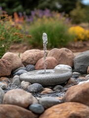Fototapeta premium Serene garden water feature with a stone fountain surrounded by rocks and colorful flowers creating a peaceful and tranquil atmosphere perfect for relaxation and meditation