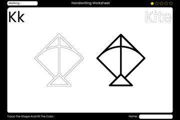 Trace Letter K. Colorful Kite Coloring Page for Kids. Printable Vocabulary Builder. Educational Vector Worksheet