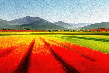 Fototapeta premium Watercolor landscape painting vibrant colorful field with mountains background artistic style serene mood nature beauty rural scene countryside charm idyllic view