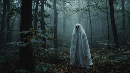 A Halloween ghost floating in a misty forest