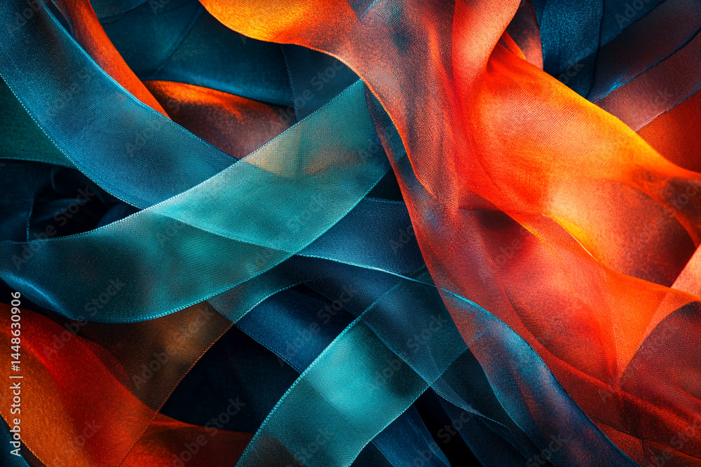Poster abstract image of teal and orange ribbons, intertwined creating a dynamic texture, showcasing fluidi