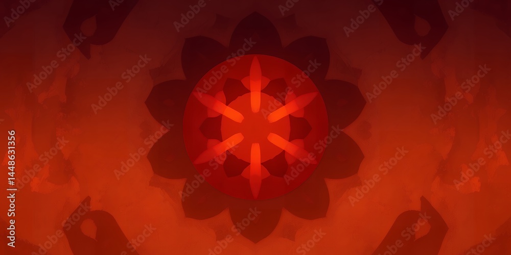 Poster a symmetrical red and orange design with a central circular pattern and radial elements