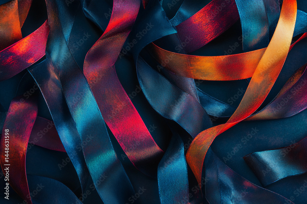 Poster Abstract image of interwoven blue and red ribbons, creating a dynamic, textured pattern. Symbolizes movement, energy, and vibrant design, suitable for various artistic applications.