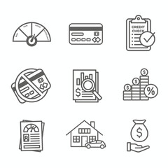 Credit Score and Loans Icon Set with Approved Credit Underwriting Interest Rates Debt Mortgage Refinance
