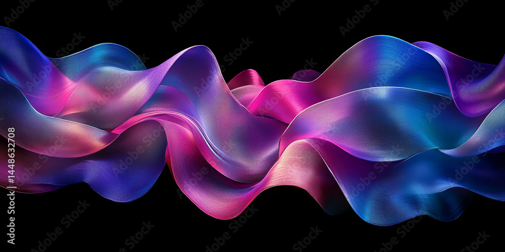 Poster abstract image of flowing, iridescent purple and blue fabric waves against a black background, showc