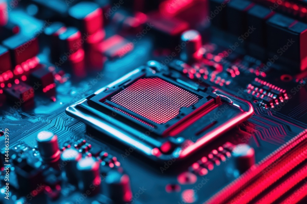 Poster closeup view of a cpu chip showcasing intricate details of computer central processing technology, c