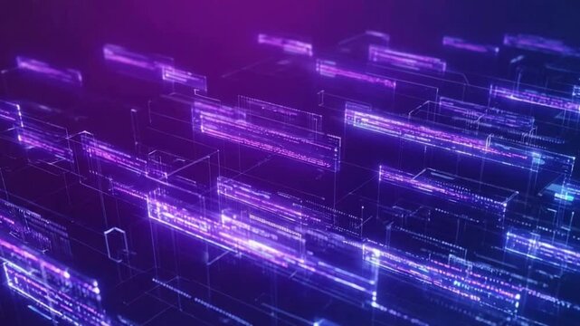 Network connections in data center transparent cubes. Software source code and big data linked in virtual space. Perfect to use as a technology or futuristic background