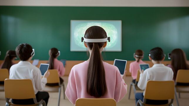 Futuristic education concept showcasing students using VR headsets in classroom