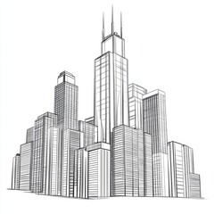 Architectural Sketch of a Modern City Skyline: A Detailed Wireframe Drawing of Urban Highrises