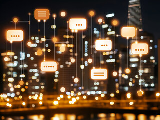 Glowing chat icons connected by lines float over a blurred city skyline at night representing digital communication and smart networking