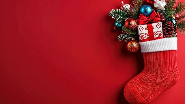 Festive christmas stocking hung with gifts and decorations on red background