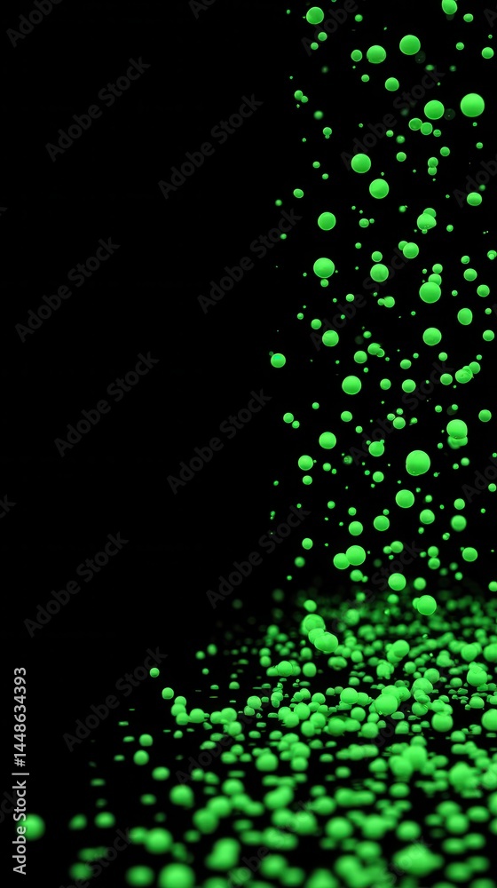 Poster abstract green spheres on black background creating a dynamic and modern visual impact with a sense 
