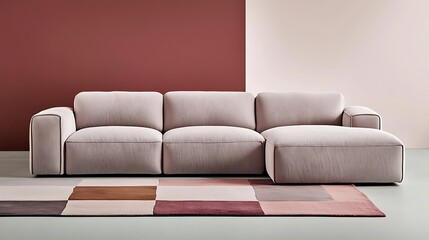 Stylish light-colored couch with a modern rug against a two-toned wall, creating a cozy interior scene.