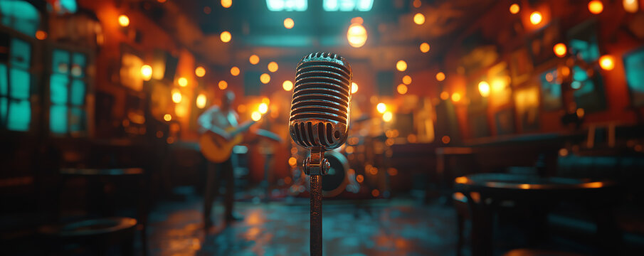 Vintage microphone on stage in a warmly lit music venue with blurred band in the background, evoking live performance, nightlife, and entertainment