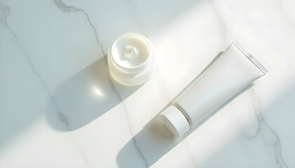 top view of cream tube and jar on white