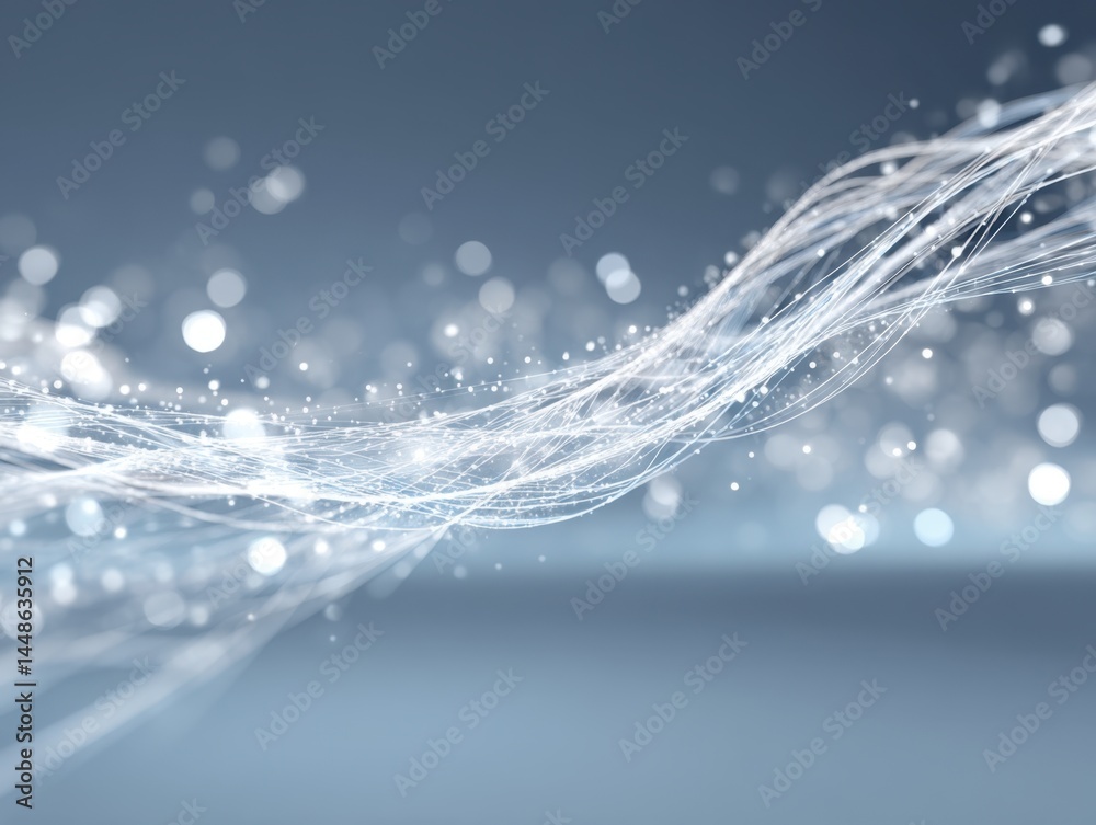 Poster abstract flowing light strands on a soft blue background creating a sense of movement and energy for