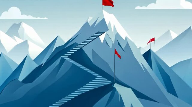 Journey to the summit: animated mountain climb with stairs and flags in motion