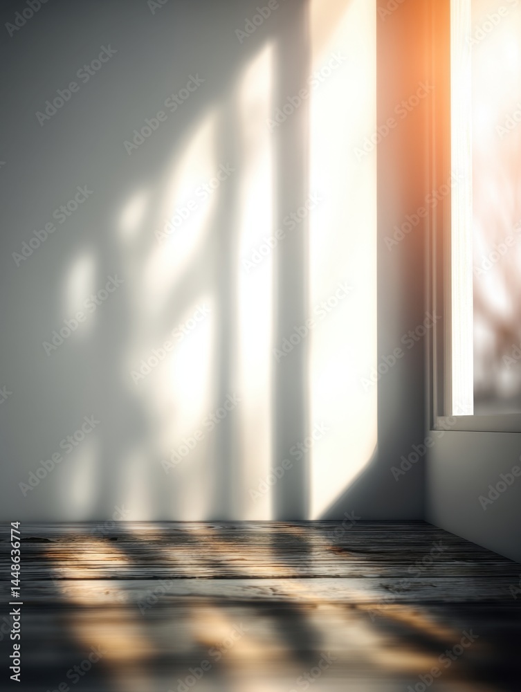 Poster sunlight streams through window illuminating rustic wooden floor and casting shadows on blank wall c