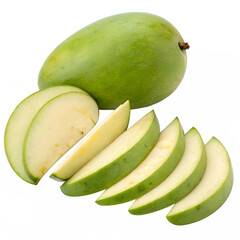 green mango with slices on white background