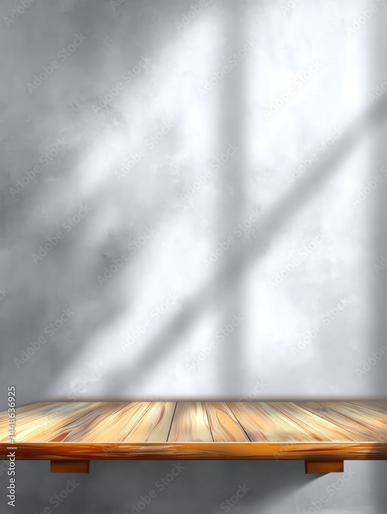 Canvas Prints wooden shelf against a gray wall with natural light creating shadows for product display or mockup b