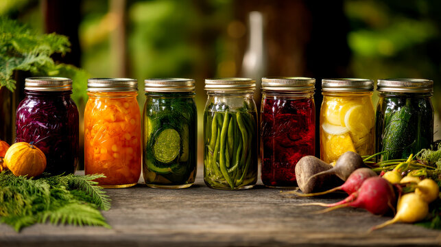 Harvesting and canning vegetables in jars during autumn season Generative AI