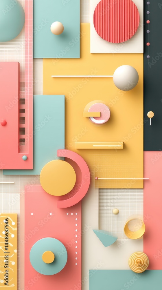 Poster geometric composition in pastel colors with circles squares and other shapes creating a modern abstr