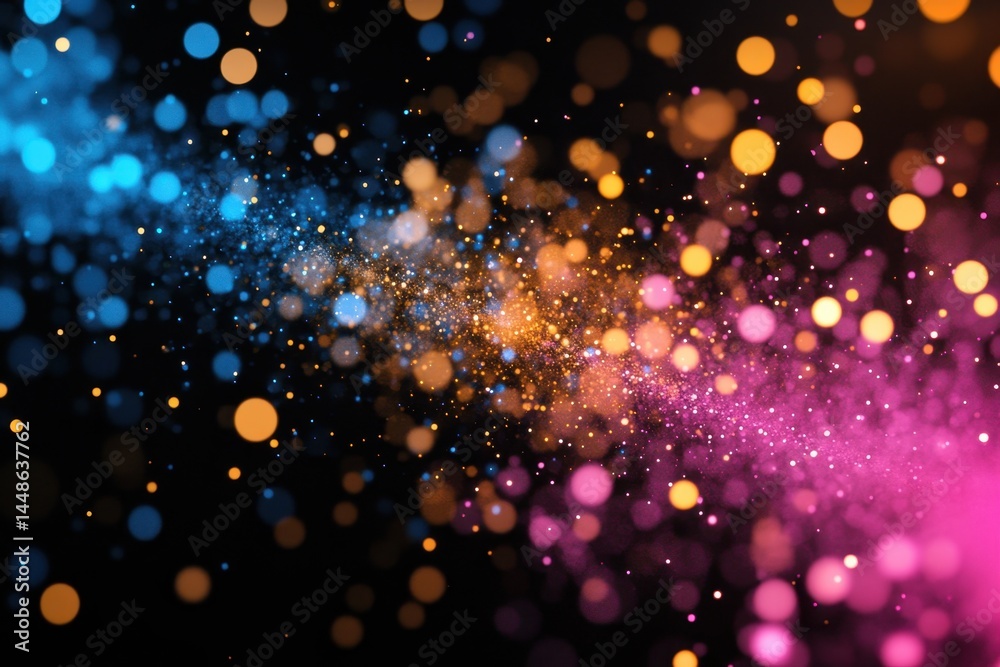 Poster colorful abstract particles create mesmerizing patterns against a dark background in slow motion, ab