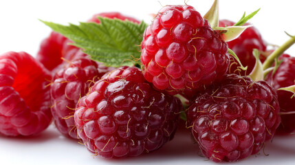 Close-up of fresh raspberries on a white background showcasing their texture Generative AI