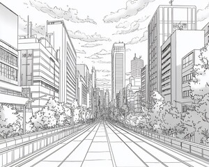 Urban cityscape sketch, perspective view of a modern city street