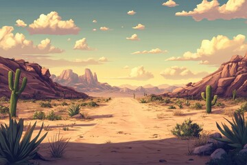 Stunning cartoon anime desert landscape with cacti and distant mountains at dusk, desert landscape,  Photo background, for streamer backdrop