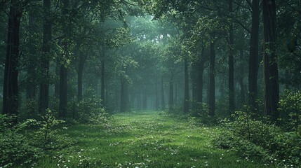 Fototapeta premium Lush, verdant forest path bathed in soft, diffused light.