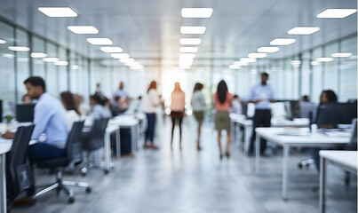 Modern open-plan office with unrecognizable professionals working and collaborating at desks in a bright, blurred business environment