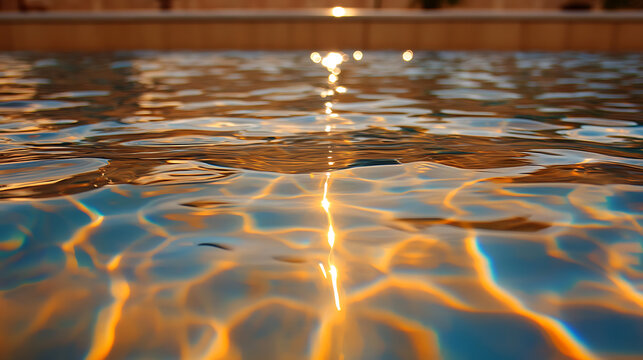 Water reflects light on a sunny day, creating shimmering patterns and a sense of tranquility in a pool with clear and rippling water against a wall.