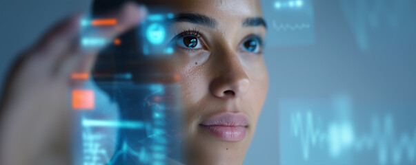 Young woman interacting with futuristic transparent digital interface, focused on virtual data display in a high-tech environment